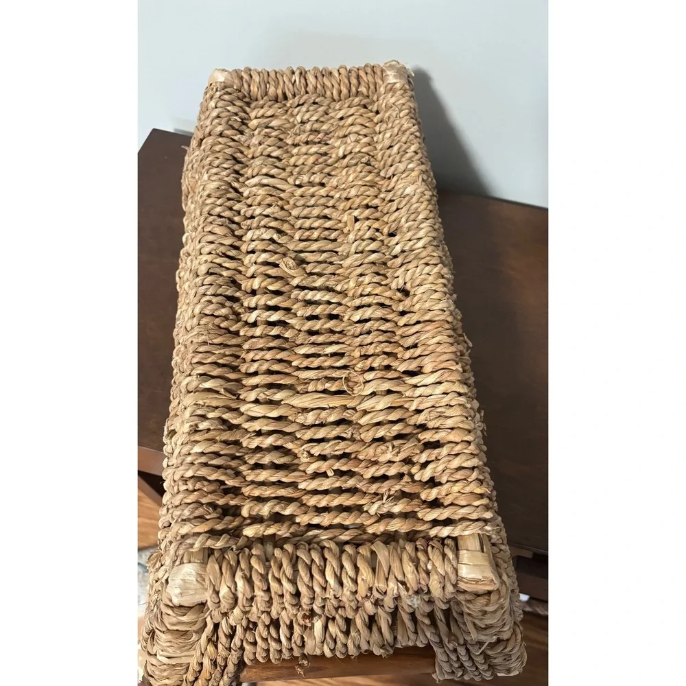 Vintage Woven Seagrass Basket Wood‎ Frame Handles Rectangular Tray Boho 22x11